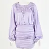 Foridol Satin Purple Vintage Bodycon Party Robe Femmes Bouton Lanterne Manches Night Club Mini Robe Ruchée Robe d'hiver Robes 210415