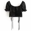 Vintage Chiffon Ruched Women Toppar och Blusar Puff Sleeve Lace Up White Crop Tops Chic Ruffle Holdiday Black Blouse Shirt 210415