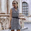 Foridol double breasted plaid blazer ruffle short autumn winter dress women vintage sleeveless office ladies elegant dress 210415