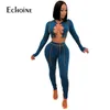 Echoine Kvinnor Ribbed Patchwork Two Piece Set Hollow Out Långärmad Spetsar upp Beskära Top Legging TrackSuit Sexy Club Party Outfits Y0625