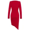 Printemps rouge élégant robe asymétrique sexy col en V à manches longues drapé femmes soirée piste robes 210527