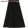 Gaganight Chiffon Women Long Skirt Solid A Line Elastic High Waist Pleated Summer Fashion Swing Japanese Skirts Plus Size 210519