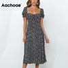 Elegant sommar blommigryck Lady Midi Dresses Front Split Puff Sleeve Vintage Dress Women Vestido de Mujer 210413