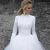 Modest Muslim A Line Wedding Dresses Bridal Gowns High Neck Long Sleeve Appliques Lace Ivory White Tulle Winter Bride Formal Dress 2021 Vestidos