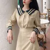 Kobiety Poliester Beige Sailor Collar Full Sleeve Vintage Empire Długa Spódnica Solid Dwa kawałki Zestaw T0049 210514