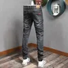 Włoski styl Moda Mężczyźni Dżinsy Retro Czarny Szary Elastyczne Slim Fit Ripped Denim Spodnie Vintage Designer Hip Hop Pencil Spodnie