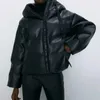 フェイクレザージャケットパーカーウィンターレディースジャッキェットファッションPUレザーコート女性エレガントジッパーコットンoutwearフード付きジャケット210515