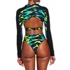 Seksowny Długi Rękaw Swimsuit Swimsuit Zipper African Swimwear Backless Garnitur Bathing High Waist Bikini Set Brazylijski Beachwear 210625