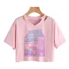 Dames T-shirt Zomer Leuke Melk Karton Patroon Tops Esthetische V-hals Korte Mouw Shirt Streetwear Vintage Roze T-shirt