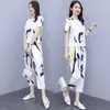 Two Piece Silk Set Short Sleeve T-shirt Women High Waist Pencil Pants Suit 2 Summer Loose Sets 2021 Women's