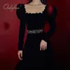 Spring Autumn Elegant Women Black Velvet Long Sleeve Tunic Vintage Party Maxi Dress 210415