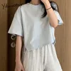 Yitimuceng Casual T-shirts Women Oversized Simple Top Short Sleeve O-Neck Light Blue Summer Cotton Korean Fashion Shirts 210601