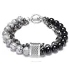 GYX Fashion Double Layer Ball Beaded Stainls Steel Ethnic Amber Stone Men Bead Bracelet