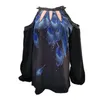 Women Fashion Casual Tops O-Neck Strapless Shoulder Long Sleeve Feather Printing Loose T-shirt Female Plus Size 5XL 210517
