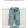 Korean Ripped Straight Denim Jeans Pants Women High Waist Button Fly Trousers Casual Fashion Female Streetwear 210513