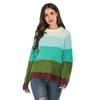 Winter kleding vrouwen losse casual gebreide trui lange mouwen gestreepte patchwork trui meisje groene warme crew-hals 210604