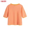 Tangada Women Orange Plaid Pattern Cardigan Vintage Jumper Lady Fashion Knitted Cardigan Coat BE944 210609