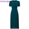 Tesscaraの女性の夏のエレガントなドレス女性のelear Office Lady Robe Femme Vintage Designer高品質の長い偶数部vestidos 210331