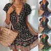 Floral DrWomen Summer Fashion Short Sleeves V-neck Dresses Multi-colored Girly Sweet Vintage Oversized Ladies Dress X0529