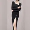 Casual Dresses Black Prom Dress Women Spring Autumn Långärmad Solid Diagonal Collar Slim Sexy Split Midi Maxi Party Evening Pencil