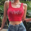 Artsu verão 2020 mulheres tanques u pescoço sem mangas sexy vermelho borboleta bonito bordado bordado topo streetwear com nervuras tricô Top Y0622