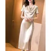 Arrival Elegant O Neck Dresses Women Satin Office Lady Formal Business Work Slim Lace Up Clothes 210514