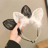 Plume Bandeaux Noir Dentelle Chat Oreille Mince Bande De Cheveux Accessoires De Cheveux Mignon Fourrure En Peluche Cheveux Cerceau Cosplay Mince Bandeaux Tête Cerceau