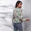 المرأة تي شيرت جديد أوراق الشجر طويل الأكمام الخصر إغلاق الخامس الرقبة الأعلى المطبوعة الشيفون قميص