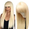 #613 Light Blonde Long Silky Straight Synthetic Hair Wigs No Lace Full Neat Bangs Fashion Women's Heat Resistant Replacement Wig Machine Made