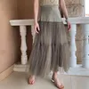 Patchwork Mesh Ball Gown Kjol för Kvinnor Hög midja Midi Casual Kjolar Kvinna Mode Kläder Sommar 210521