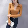 Femmes Deep V Polo Col T Shirts Top À Manches Longues Slim Tops Femme Chemise De Mode Solide Casual T-Shirt Tee 210514