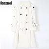ネラズリの長い暖かいふわふわのフリの毛皮の毛皮のトレンチのコート女性二重胸のピンクの白緑の冬の韓国のファッションベルト211220