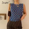Ekose Y2K Örme İnce Kadın T-shirt Moda Rahat Vintage Tank Top Streetwear Kolsuz Mavi Parti Kısa Tops 210414