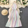 Vår temperament vestidos feminin strapless sling kvadrat krage regnbåge gradient färg bantning semester midi klänning c361 210507