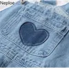 NAPOE Kore Moda Tulum Kadınlar Aşk Kalp Desen Gevşek Denim Genel Pantolon Kadın Düz Rahat Geniş-Bacak Pantolon Rompers 210422