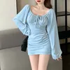 Ezgaga Vestito Sexy Donna Coreano Vintage Manica A Soffio A Vita Alta Slash Collare Del Partito Delle Signore Vestito Aderente Elegante Solido Abiti 210430