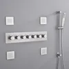 Système de robinet de douche thermostatique brossé, ensemble de mélangeur de salle de bains, pomme de douche cascade LED montée au plafond 14X20 pouces