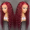 Long Deep Wave Burgundy Syntetisk Lace Frontal Wig för Kvinnor Mellandel Cosplay Party Water Vågig Paryker Högtemperatur Fiber Hair