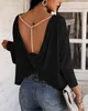 Primavera Outono Mulheres Backless Top New Femme Sólido Frisado Correia Backless Blusa Torcido Escritório Senhoras Camisa Elegante 210415