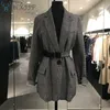 HXJJP Spring Korean Women's Retro Plaid Small Suit Jacket Women Tie Casual Sashes Single Breasted Blazers 210607