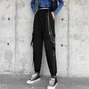 Qweek punk mulheres preto carga calças com cadeia gótico hippie corredores techwear solto alta cintura larga calças fêmea goth 210915