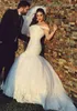 Off the Shoulder Pearls Crystals Tulle Sweep Train Wedding Dress Vintage Bridal Gowns Muslim Dubai Mermaid Lace robe de mariee vestidos 2022