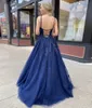 Blue Navy Prom Dresses Long Spaghetti Strap Lace Up Back A Line Appliques Formal Women Evening Gown Vestido De Fiesta ppliques