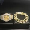 Luxe Mannen Gouden Kleur horloge Armband Combo Set Ico Out Cuban in Crystal Chain Top Brand Hip Hop Jewerly Set Hip Hop voor Hums H1022