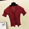 Rüschen Solide Frauen T-shirt Kurzarm Einreiher Sommer T Shirt Mode Sexy Ropa Mujer Tops 16430 210415