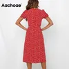 Aachoae zarif çiçek baskı elbise ön bölünmüş parti midi kelebek kısa kollu vintage kırmızı bir çizgi sundress vestido 210623