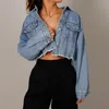 Outono denim recortado colhido fêmea bolsos furo curto jean senhoras botão moda casual casacos sólidos