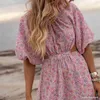 Foridol Sexy Backless Purple Summer Chiffon Dress Women Puff Sleeve Beach Boho Dress Lace Up Floral Print Vintage Women Clothes 210415