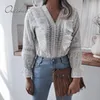 Yaz Kadın Beyaz Dantel Gömlek Uzun Kollu Oymak Nakış Fırfır Bluz Seksi Plaj Tops 210415
