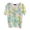 夏のTシャツの女性ニットカジュアルな印刷の中空アウト半袖トップOネックスリム薄いキンティングウェアB-011 210623